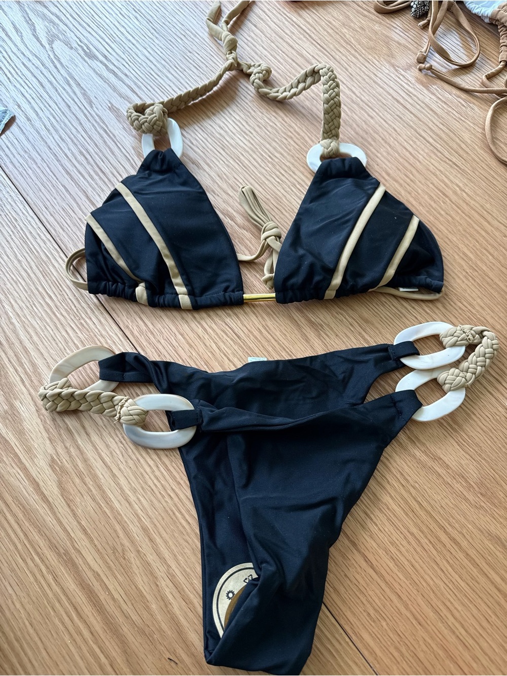 Black & Tan Braided Ring Triangle Bikini Set - Women Swim